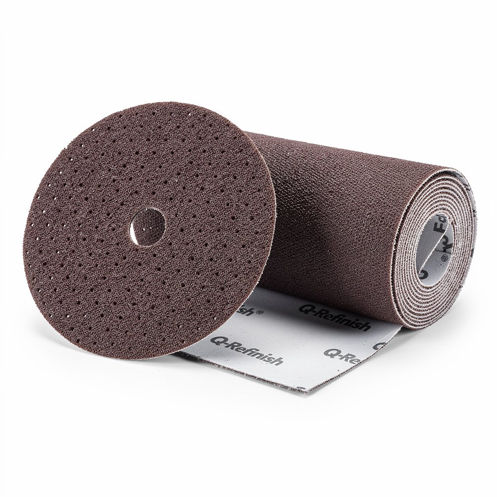 Abrasive sanding disc or roll, Q-Refinish brand, professional automotive tool, white background, studio photography