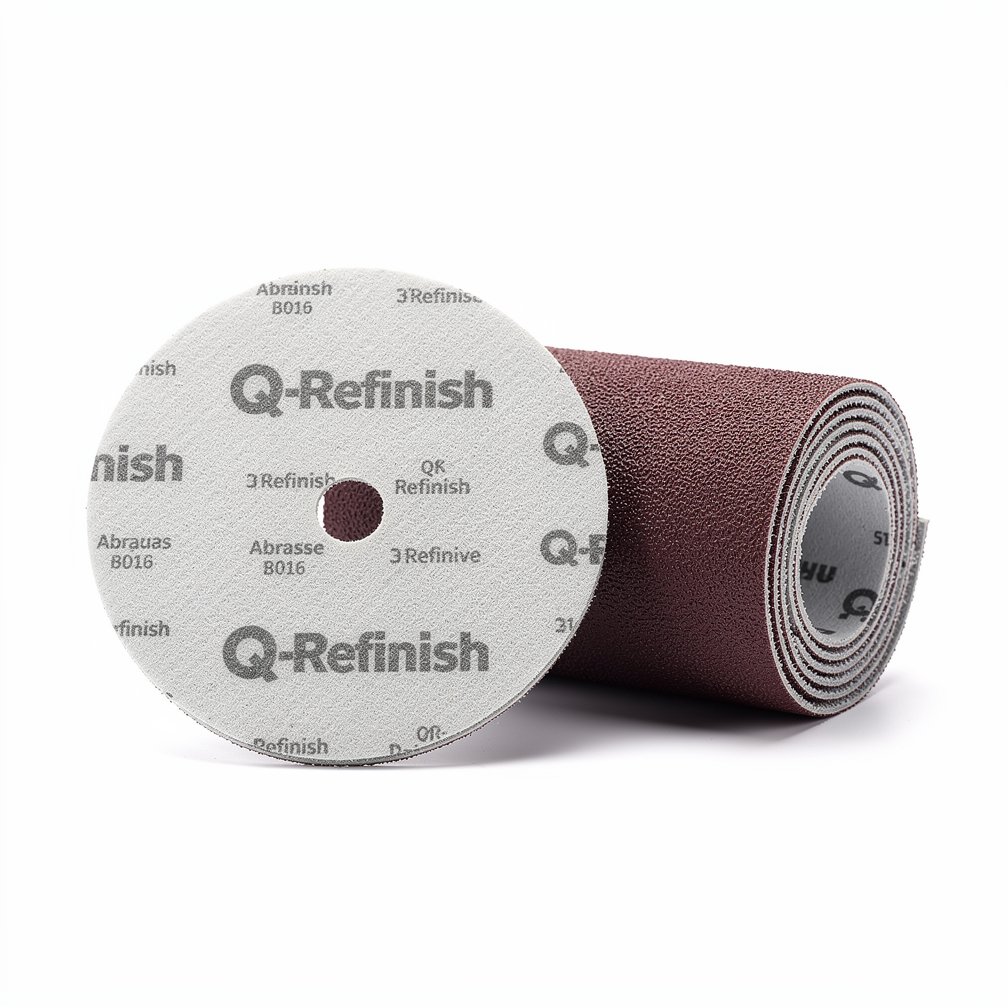 Abrasive sanding disc or roll, Q-Refinish brand, professional automotive tool, white background, studio photography
