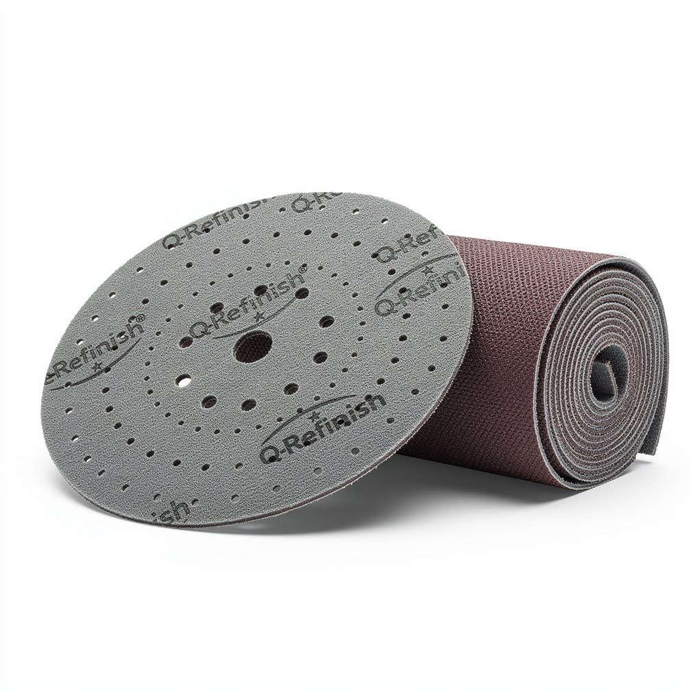 Abrasive sanding disc or roll, Q-Refinish brand, professional automotive tool, white background, studio photography