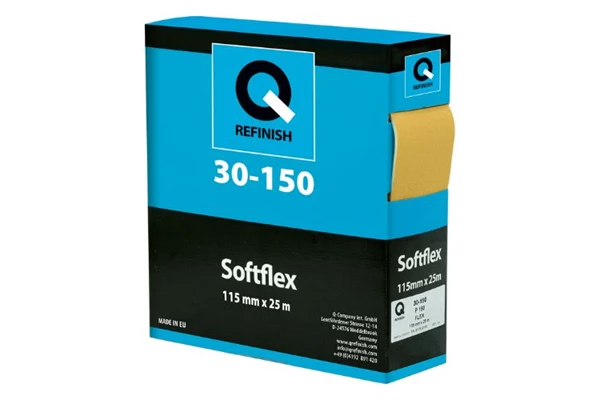 Abrasive sanding disc or roll, Q-Refinish brand, professional automotive tool, white background, studio photography