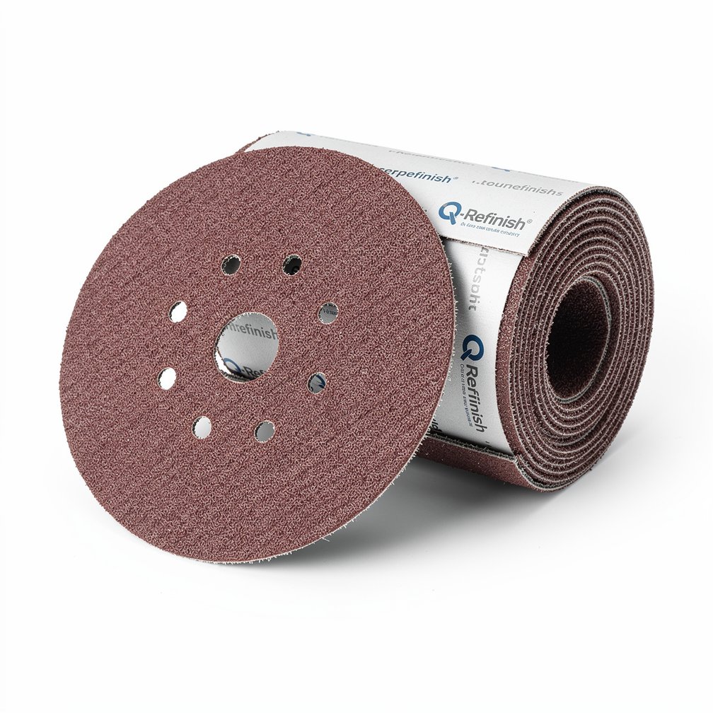 Abrasive sanding disc or roll, Q-Refinish brand, professional automotive tool, white background, studio photography