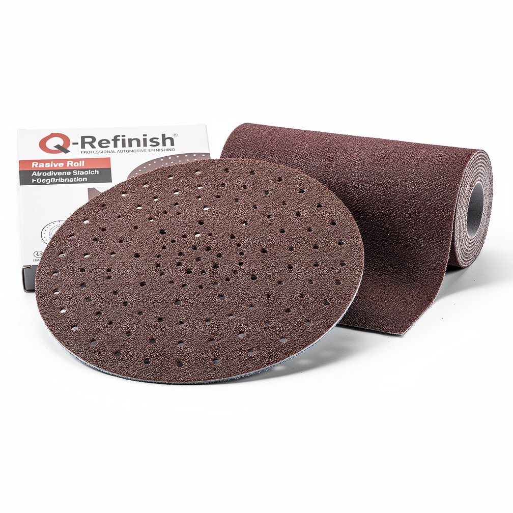 Abrasive sanding disc or roll, Q-Refinish brand, professional automotive tool, white background, studio photography