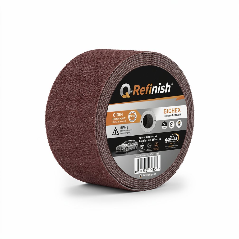 Abrasive sanding disc or roll, Q-Refinish brand, professional automotive tool, white background, studio photography