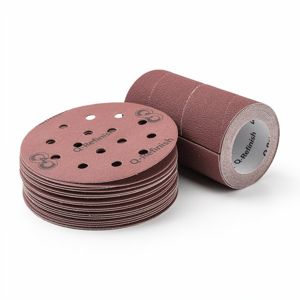 Abrasive sanding disc or roll, Q-Refinish brand, professional automotive tool, white background, studio photography