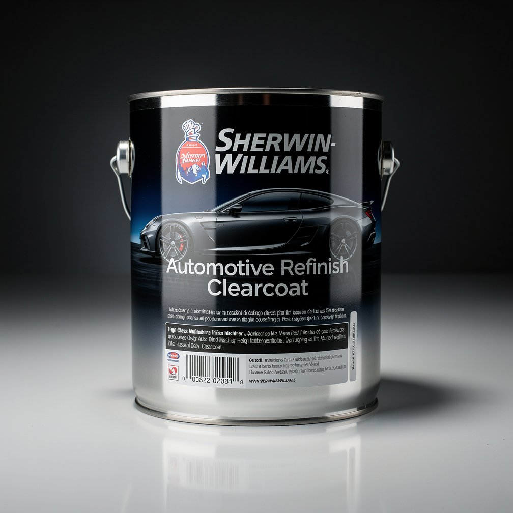 Sherwin-Williams automotive clearcoat can, professional car refinishing product, high gloss finish, studio lighting