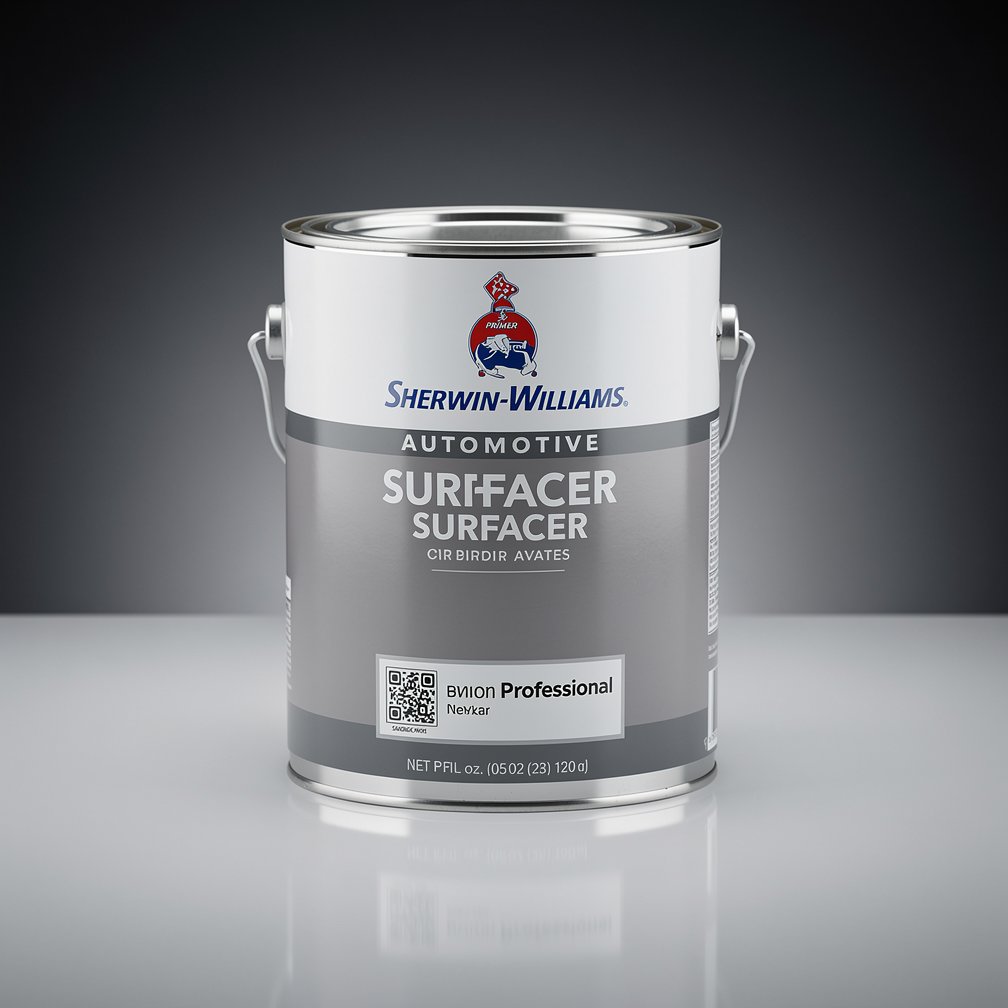 Sherwin-Williams automotive primer surfacer can, grey primer, professional car repair product, studio lighting