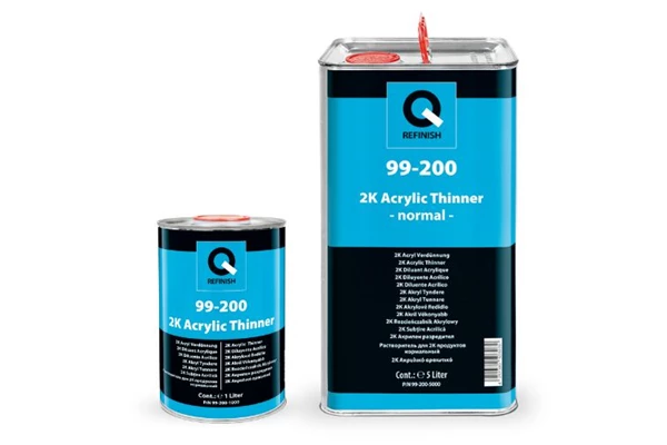 Silver automotive metal can, Q-Refinish product, red and black horizontal label, white background, studio photography