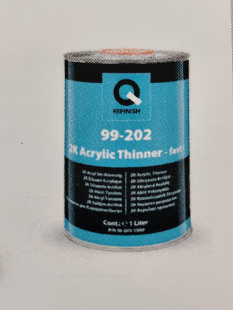 Silver automotive metal can, Q-Refinish product, red and black horizontal label, white background, studio photography