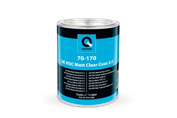 Silver automotive metal can, Q-Refinish 50-100 Clear Coat, red and black horizontal label, white background, studio photography