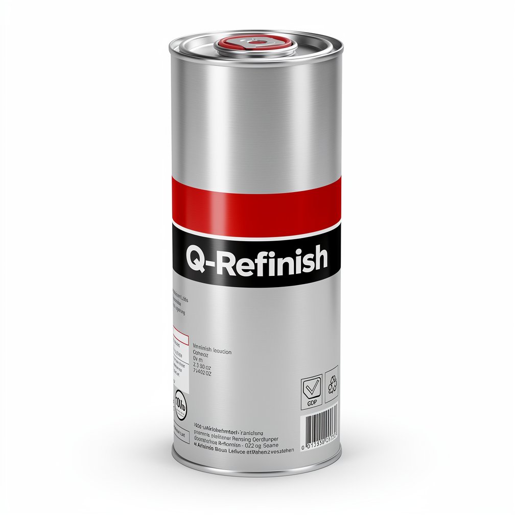 Silver automotive metal can, Q-Refinish product, red and black horizontal label, white background, studio photography