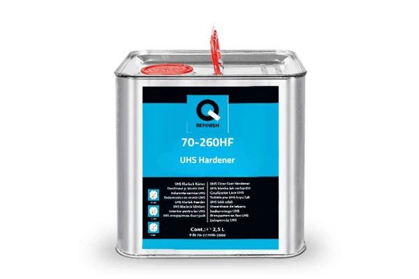 Silver automotive metal can, Q-Refinish product, red and black horizontal label, white background, studio photography