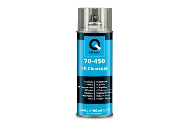 Silver automotive metal can, Q-Refinish product, red and black horizontal label, white background, studio photography