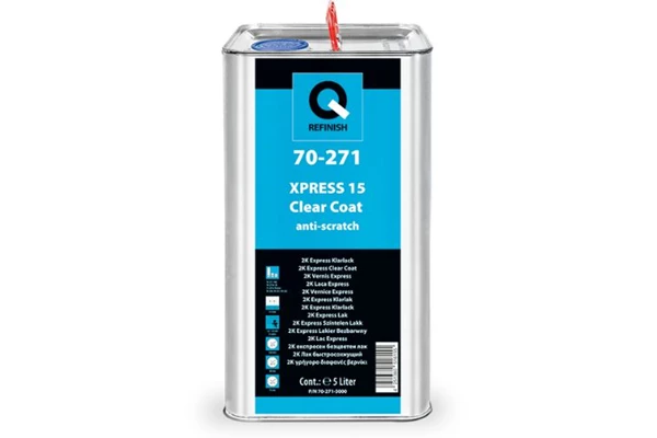 Silver automotive metal can, Q-Refinish 50-200 UHS Clear Coat, red and black horizontal label, white background, studio photography