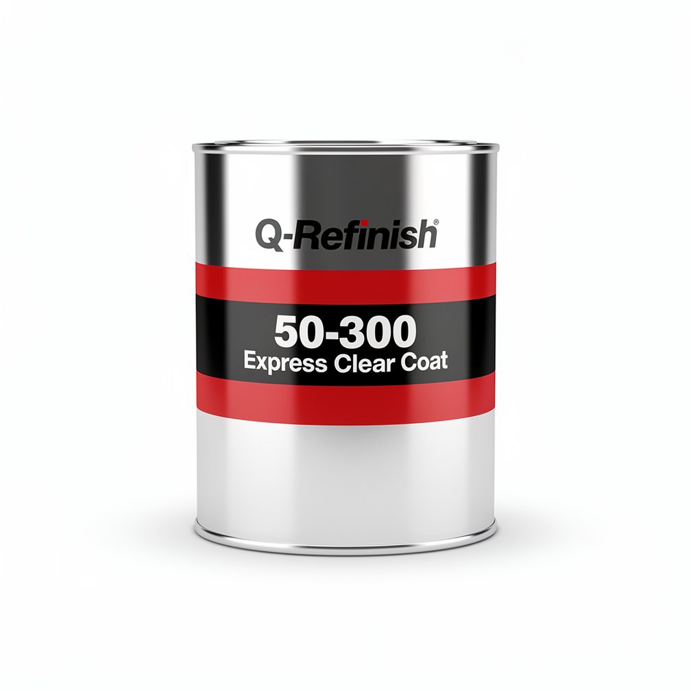 Silver automotive metal can, Q-Refinish 50-300 Express Clear Coat, red and black horizontal label, white background, studio photography