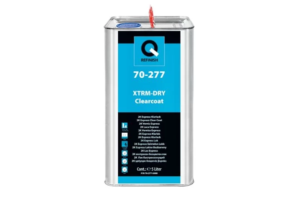 Silver automotive metal can, Q-Refinish 50-300 Express Clear Coat, red and black horizontal label, white background, studio photography
