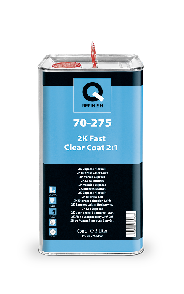Silver automotive metal can, Q-Refinish 70-275 Clear Coat, red and black horizontal label, 5L size, white background, studio photography