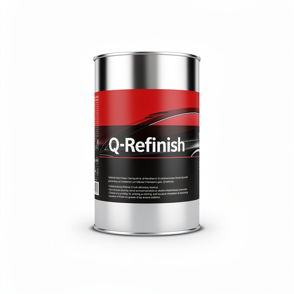 Silver automotive metal can, Q-Refinish product, red and black horizontal label, white background, studio photography