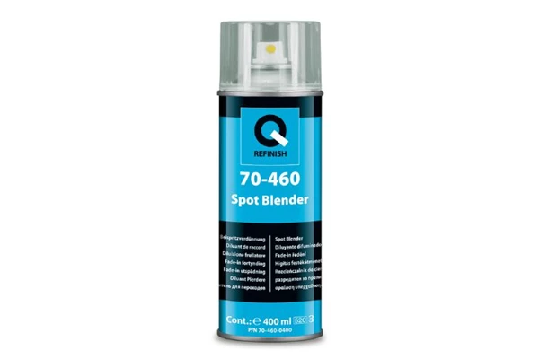 Silver automotive metal can, Q-Refinish product, red and black horizontal label, white background, studio photography