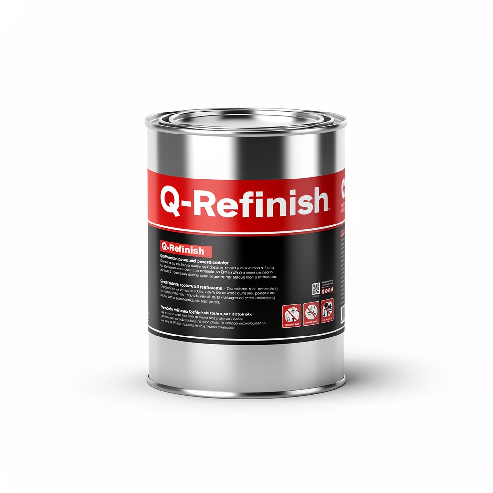 Silver automotive metal can, Q-Refinish product, red and black horizontal label, white background, studio photography
