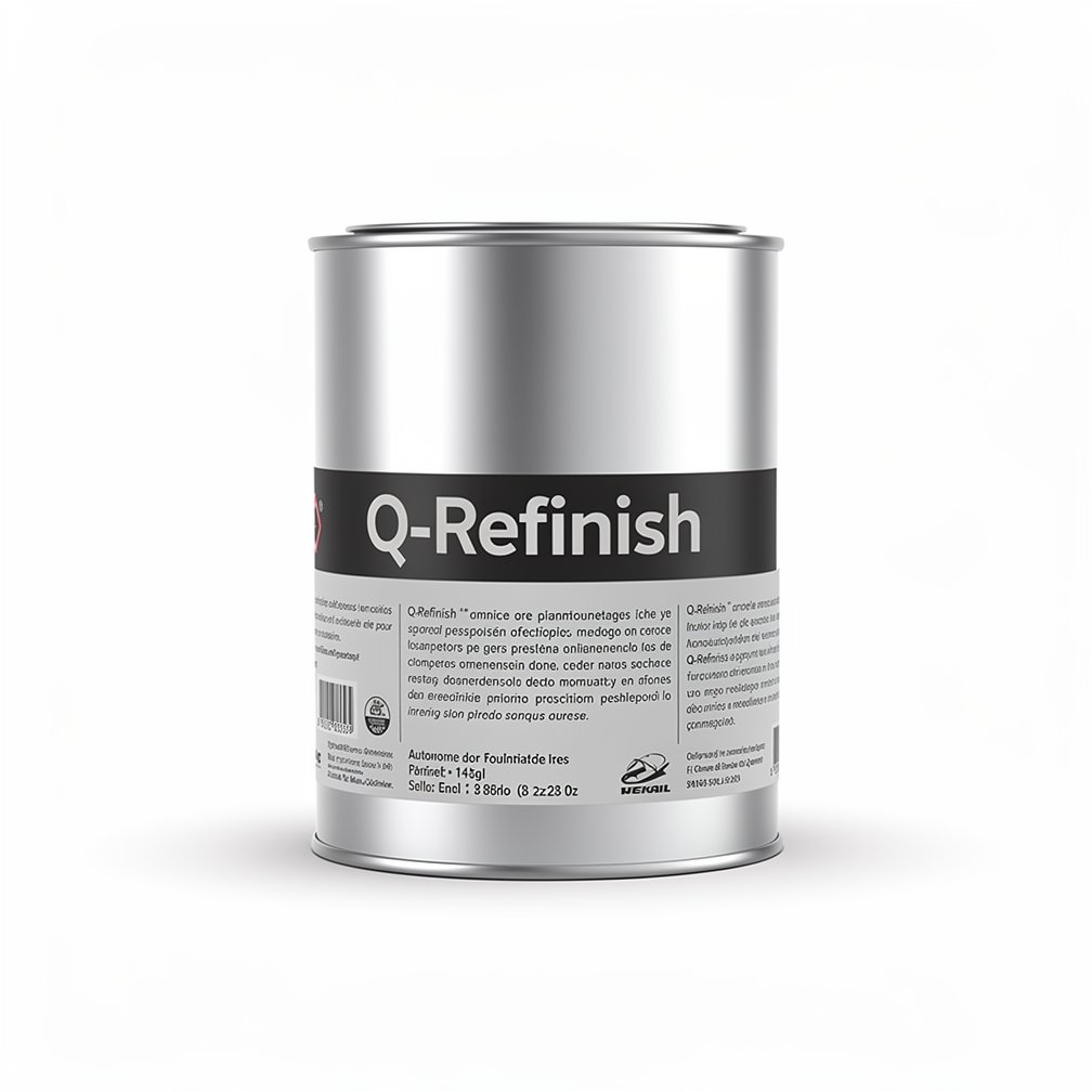 Silver automotive metal can, Q-Refinish product, grey and black horizontal label, white background, studio photography