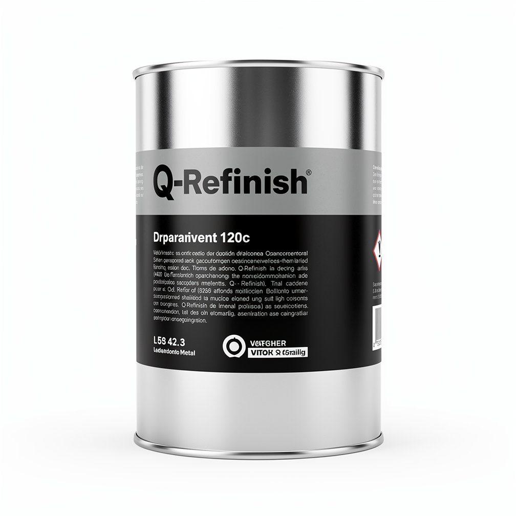 Silver automotive metal can, Q-Refinish product, grey and black horizontal label, white background, studio photography