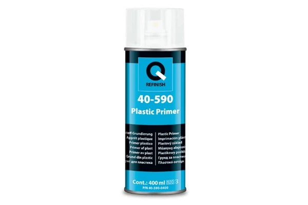 Silver automotive metal can, Q-Refinish product, grey and black horizontal label, white background, studio photography