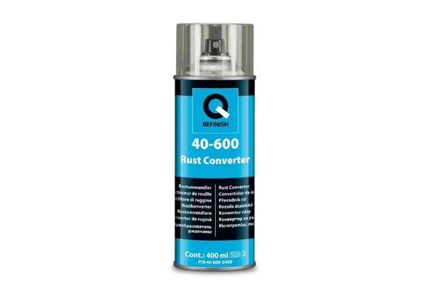 Silver automotive metal can, Q-Refinish product, grey and black horizontal label, white background, studio photography