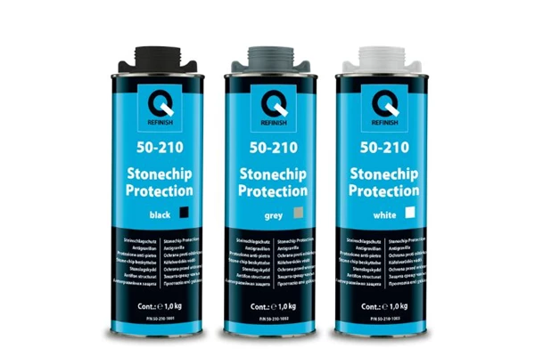 Silver automotive metal can, Q-Refinish product, grey and black horizontal label, white background, studio photography