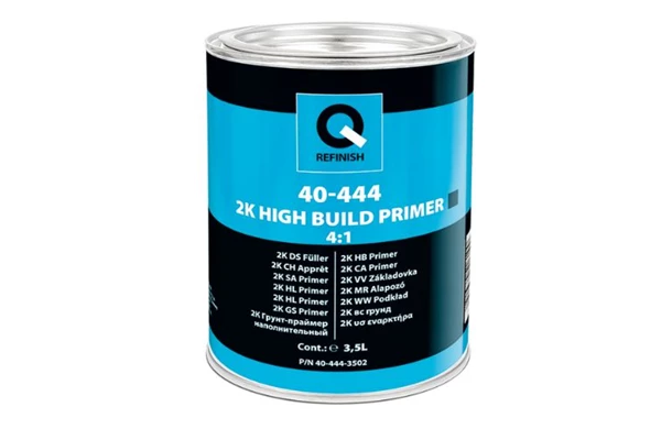 Silver automotive metal can, Q-Refinish 20-333 HS Filler white, grey and black horizontal label, white background, studio photography