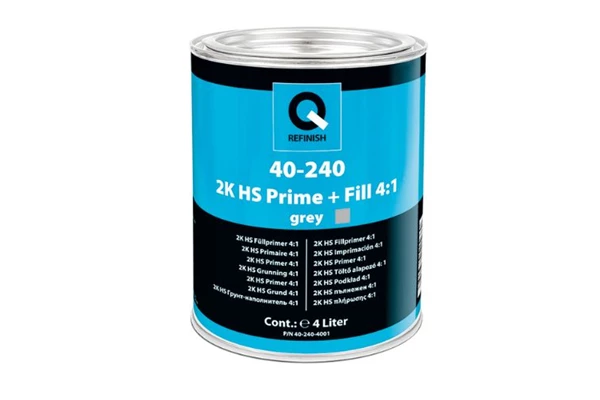 Silver automotive metal can, Q-Refinish 20-444 HS Filler, grey and black horizontal label, white background, studio photography