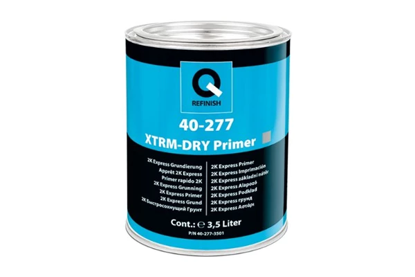 Silver automotive metal can, Q-Refinish 20-555 HS Filler black, grey and black horizontal label, white background, studio photography