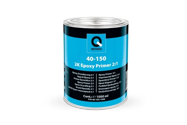 Silver automotive metal can, Q-Refinish 40-150 Epoxy Primer, grey and black horizontal label, white background, studio photography