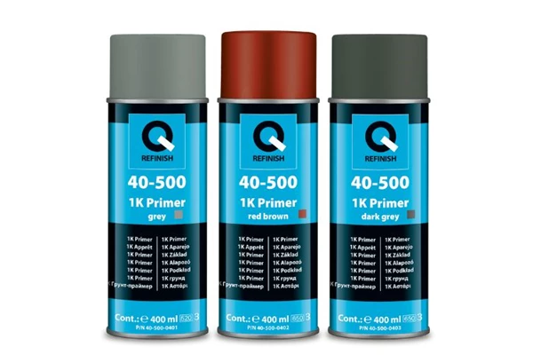 Silver automotive metal can, Q-Refinish product, grey and black horizontal label, white background, studio photography