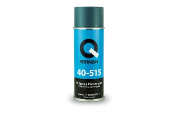 Silver automotive metal can, Q-Refinish product, grey and black horizontal label, white background, studio photography