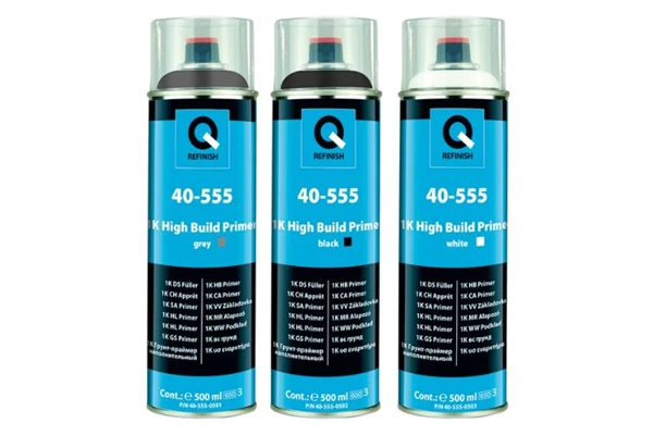 Silver automotive metal can, Q-Refinish product, grey and black horizontal label, white background, studio photography