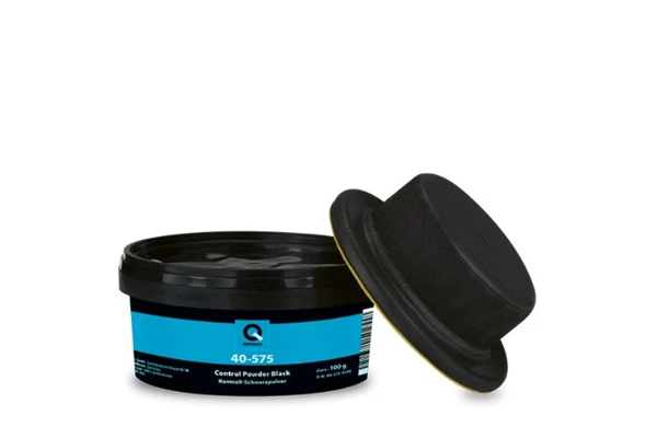 Silver automotive metal can, Q-Refinish product, grey and black horizontal label, white background, studio photography