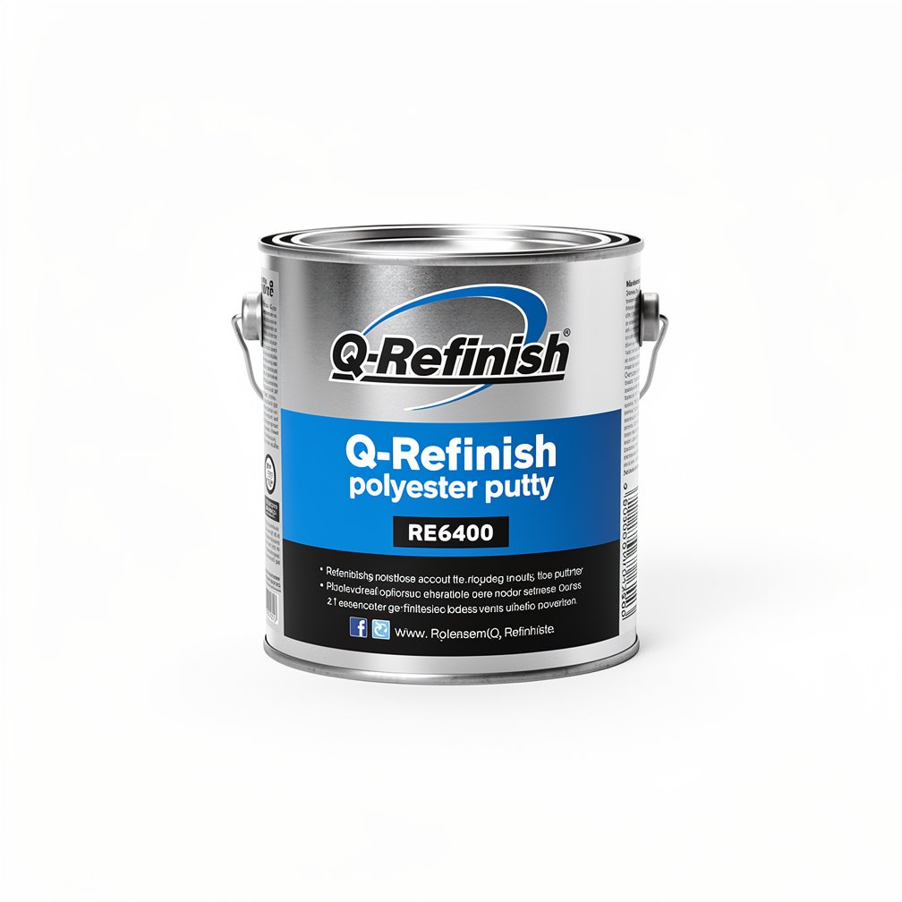 Silver automotive metal can, Q-Refinish polyester putty, blue and black horizontal label, white background, studio photography