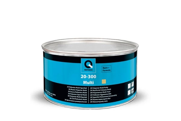 Silver automotive metal can, Q-Refinish polyester putty, blue and black horizontal label, white background, studio photography
