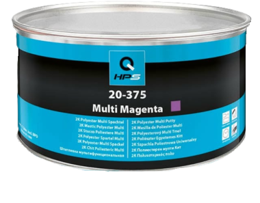 Silver automotive metal can, Q-Refinish polyester putty, blue and black horizontal label, white background, studio photography