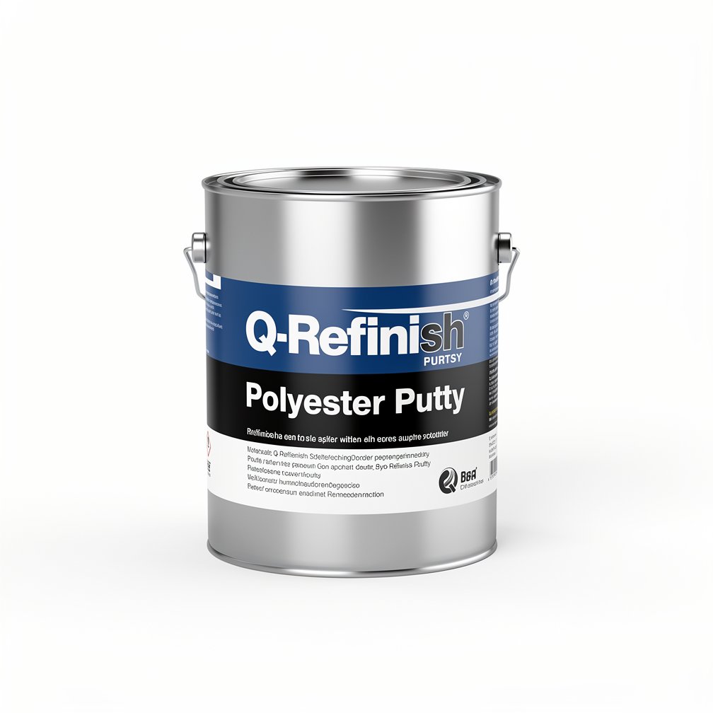 Silver automotive metal can, Q-Refinish polyester putty, blue and black horizontal label, white background, studio photography