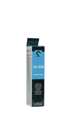Silver automotive metal can, Q-Refinish polyester putty, blue and black horizontal label, white background, studio photography