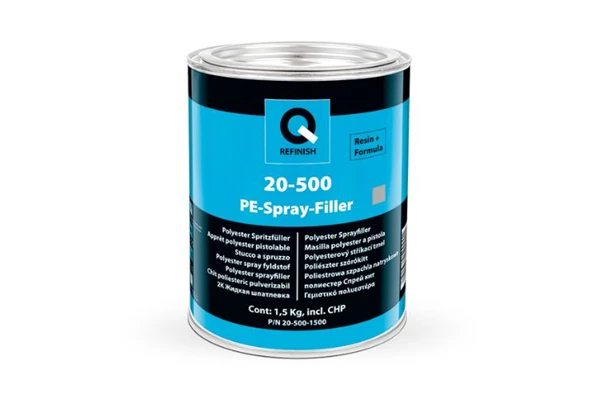 Silver automotive metal can, Q-Refinish polyester putty, blue and black horizontal label, white background, studio photography
