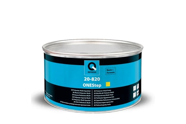 Silver automotive metal can, Q-Refinish polyester putty, blue and black horizontal label, white background, studio photography
