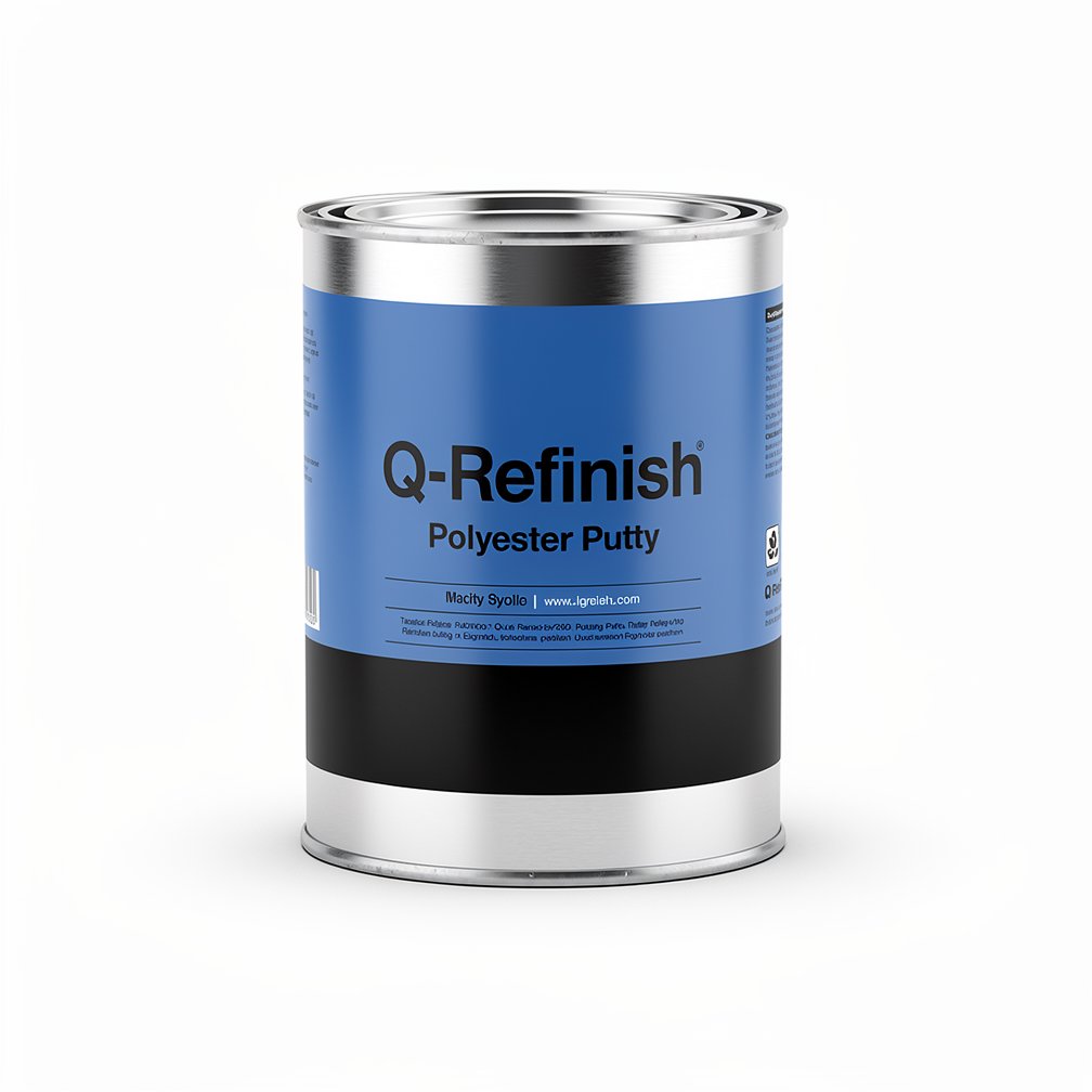 Silver automotive metal can, Q-Refinish polyester putty, blue and black horizontal label, white background, studio photography