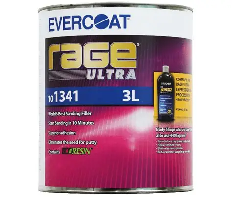 Silver automotive metal can, Q-Refinish polyester putty, blue and black horizontal label, white background, studio photography