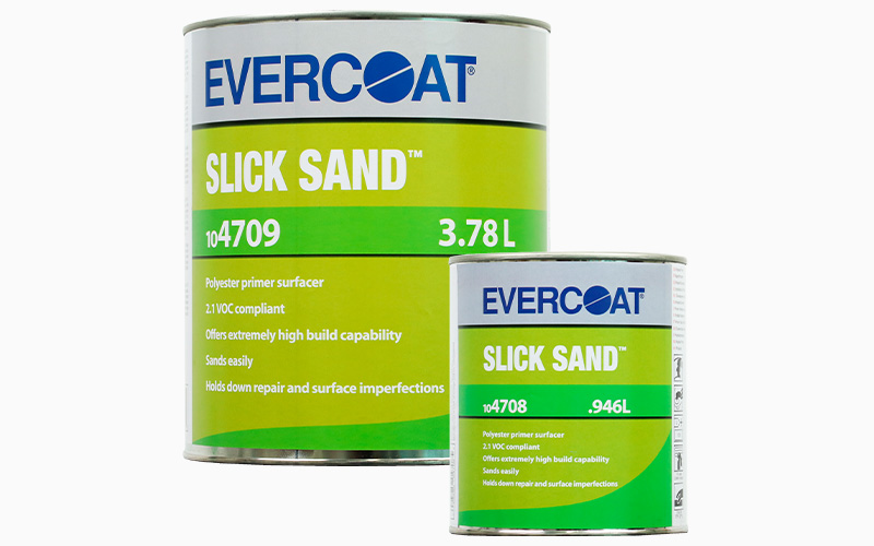 Silver automotive metal can, Q-Refinish polyester putty, blue and black horizontal label, white background, studio photography