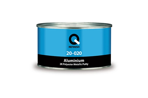Silver automotive metal can, Q-Refinish polyester putty, blue and black horizontal label, white background, studio photography