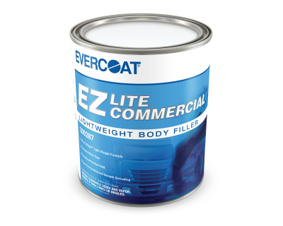 Silver automotive metal can, Q-Refinish polyester putty, blue and black horizontal label, white background, studio photography