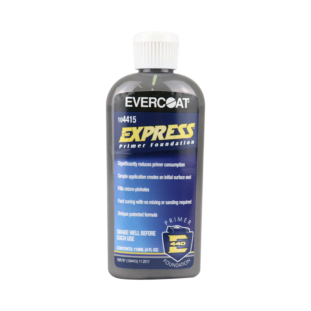 Silver automotive metal can, Q-Refinish polyester putty, blue and black horizontal label, white background, studio photography