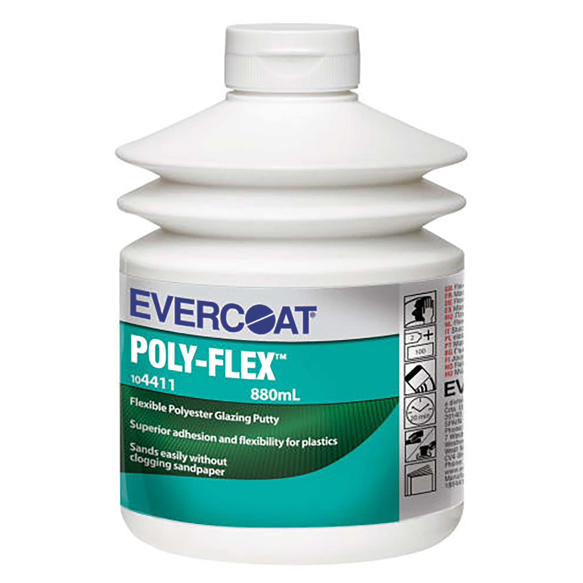 Silver automotive metal can, Q-Refinish polyester putty, blue and black horizontal label, white background, studio photography